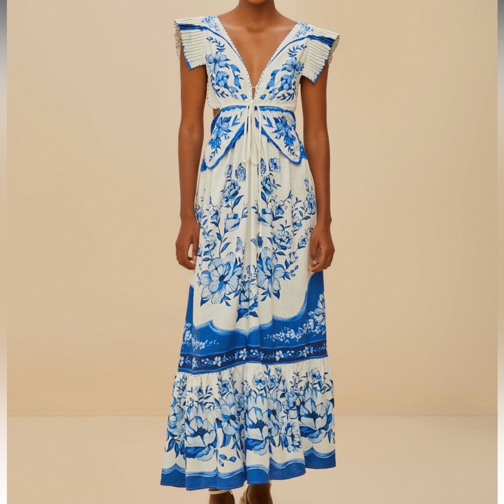 FARM Rio White and Blue Floral Maxi Dress